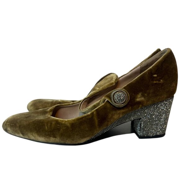 MARC JACOBS Velvet Mary Jane Pumps 35 Crystal Embellished Almond Toe Block Heel - Picture 6 of 9